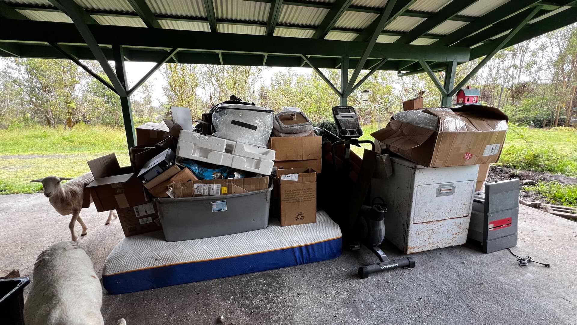 Pile of household items and electronics staged for Hawaii Island Waste pickup at a Hilo carport
